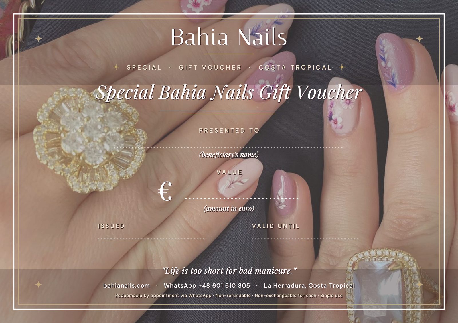 Special Bahia Nails Gift Voucher — A5 landscape template with the Bahia Nails hero photo as a soft background and placeholders for the recipient's name, value in euro, issue date and valid-until date.